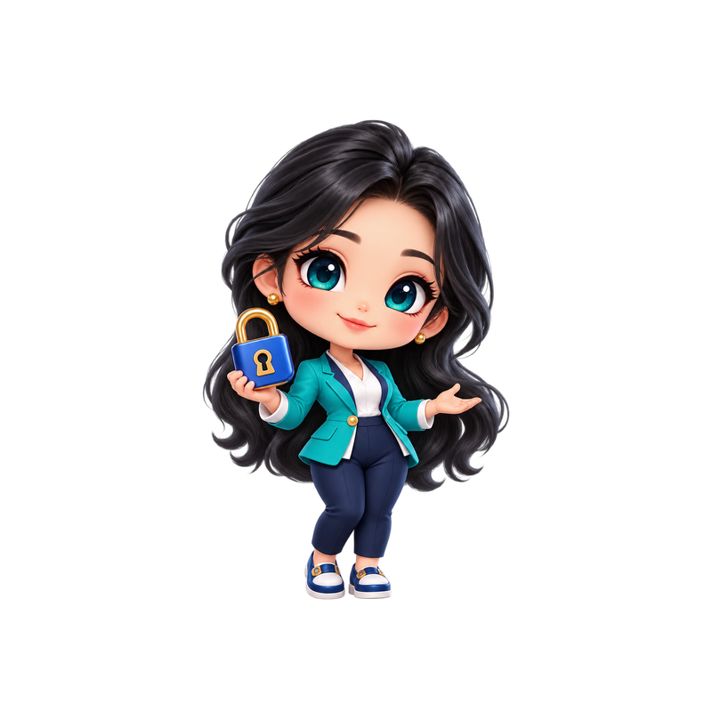 Maskot chibi berambut hitam dan jaket teal mengangkat gembok dengan ekspresi ramah